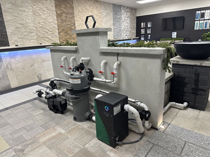 Pool filter setup display in the Gorman Bay Meadows pool showroom