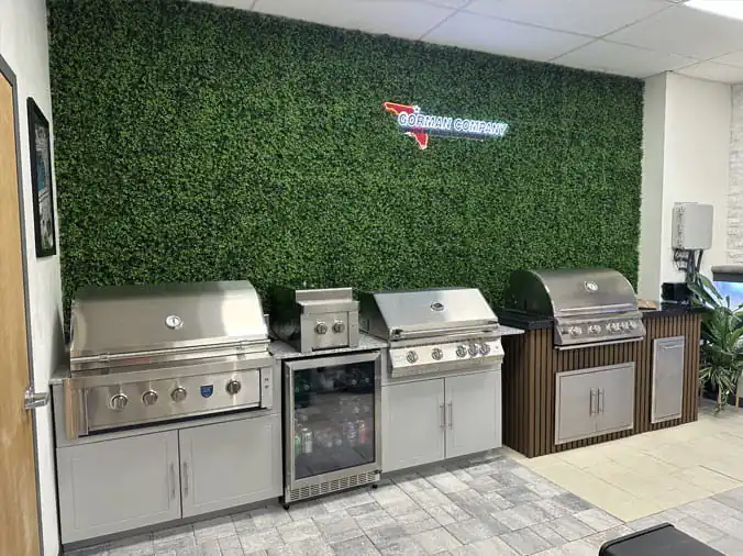 Gas grills on display in the Gorman Bay Meadows pool showroom